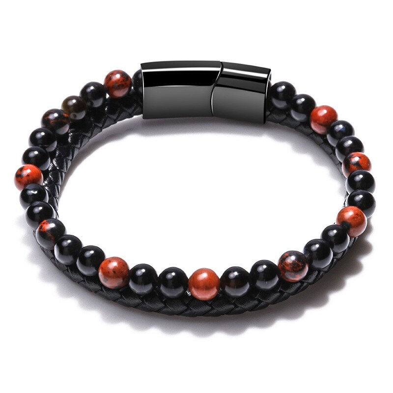 1 Piece Fashionable Style Bead Shape Leather Inlay Natural Stone Men's Bracelet 